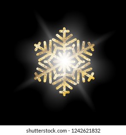 Gold snowflake. Abstract Luminous with a dazzling sheen of light. Winter, New year's Christmas pattern. Vector decorative element on black isolated background.