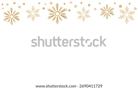 Gold snowflake border with scattered dots on white, warm minimalist winter header template for invitations, menus, flyers, packaging and festive social posts.