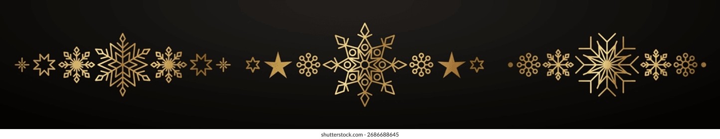 Frontera de copo de nieve de oro. Decoración de diseño de Navidades de invierno. Elemento de borde de lujo para la tarjeta del año Nuevo y la invitación. Elegante copo de cristal de nieve. Ilustración vectorial, EPS 10.
