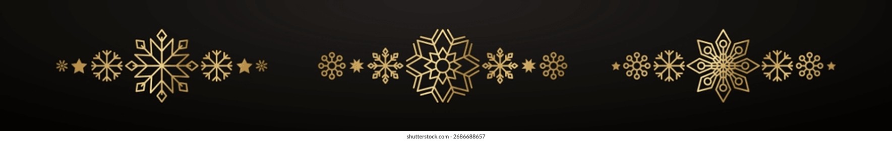 Frontera de copo de nieve de oro. Decoración de diseño de Navidades de invierno. Elemento de borde de lujo para la tarjeta del año Nuevo y la invitación. Elegante copo de cristal de nieve. Ilustración vectorial, EPS 10.