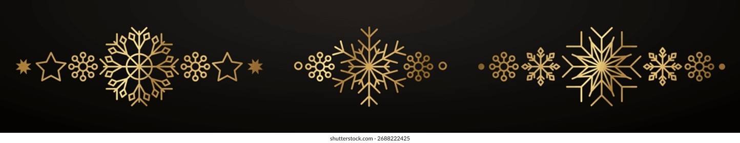 Gold snowflake border. Winter Christmas design decoration. Luxury border element for New Year card and invitation. Elegant snow crystal flake. Vector illustration, EPS 10.