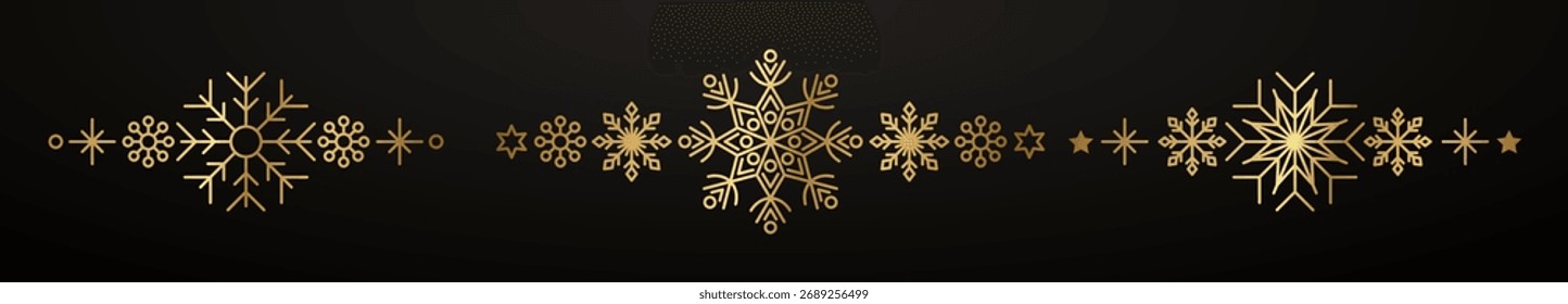 Gold snowflake border. Winter Christmas design decoration. Luxury border element for New Year card and invitation. Elegant snow crystal flake. Vector illustration, EPS 10.