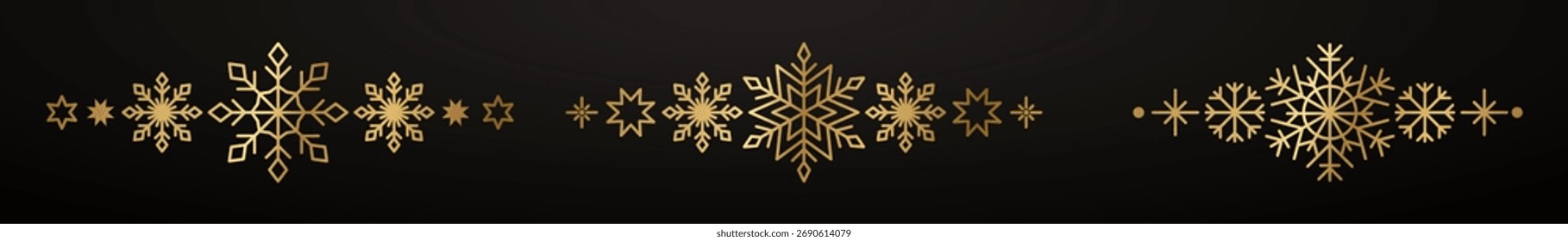 Gold snowflake border. Winter Christmas design decoration. Luxury border element for New Year card and invitation. Elegant snow crystal flake. Vector illustration, EPS 10.