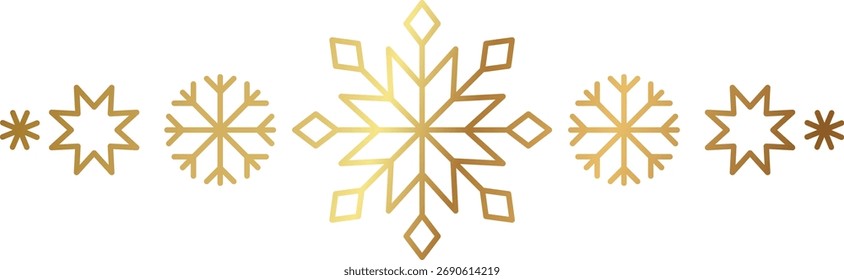 Gold snowflake border. Winter Christmas design decoration. Luxury border element for New Year card and invitation. Elegant snow crystal flake. Vector illustration, EPS 10.