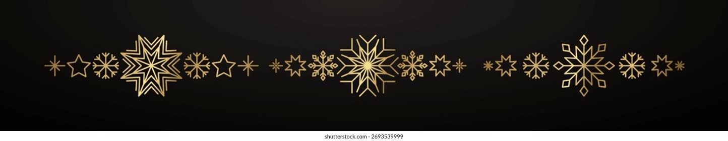 Borda de floco de neve dourado. Decoração de design de Natal de inverno. Elemento de fronteira de luxo para cartão de Ano Novo e convite. Floco de cristal de neve elegante. Ilustração vetorial, EPS 10.