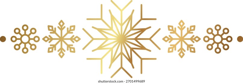 Frontera de copo de nieve de oro. Decoración de diseño de Navidades de invierno. Elemento de borde de lujo para la tarjeta del año Nuevo y la invitación. Elegante copo de cristal de nieve. Ilustración vectorial, EPS 10.