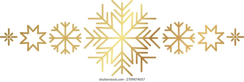 Goldene Schneeflocke. Winterweihnachtsdekoration. Luxuriöses Grenzelement für Neujahrskarte und Einladung. Elegante Schneekristallflocke. Vektorgrafik, EPS 10.