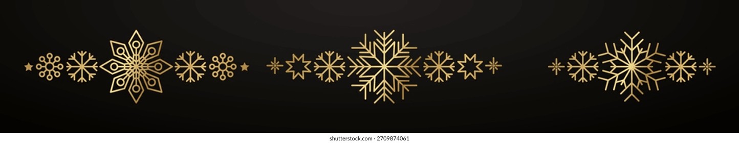 Borda de floco de neve dourado. Decoração de design de Natal de inverno. Elemento de fronteira de luxo para cartão de Ano Novo e convite. Floco de cristal de neve elegante. Ilustração vetorial, EPS 10.