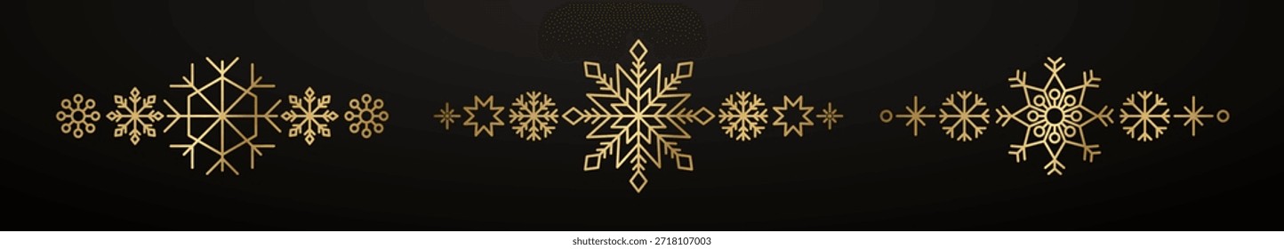 Frontera de copo de nieve de oro. Decoración de diseño de Navidades de invierno. Elemento de borde de lujo para la tarjeta del año Nuevo y la invitación. Elegante copo de cristal de nieve. Ilustración vectorial, EPS 10.