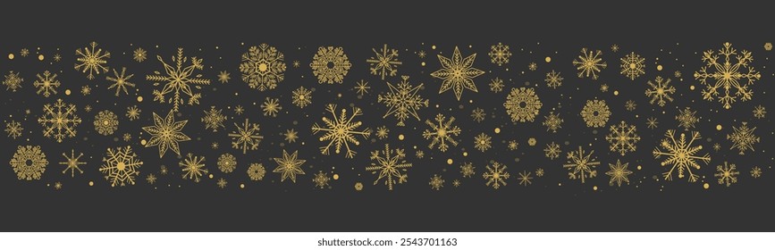 Frontera de copo de nieve de oro, guirnalda de vacaciones de invierno, nieve dorada que cae y decoración de estrellas aislada sobre fondo oscuro. Plantilla con una Navidad Elementos