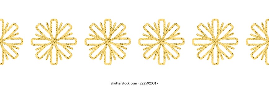 Gold snowflake brush. Seamless border. Isolated on white background. Vector illustration. For greeting card, invitation, tag. Hand drawn. Endless.