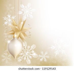 A gold snowflake and Christmas bauble decoration background with hanging ornaments, abstract snow flakes and ribbons