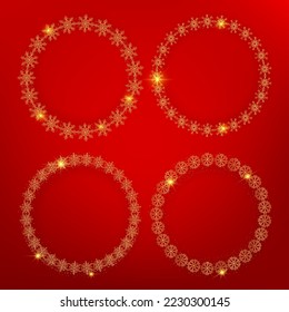 Gold Snowflake circle frame. Winter snowflake round border. Design elements for Christmas and New Year greeting cards and banners. Holiday decoration isolated on white background.