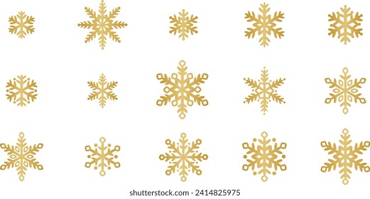 Gold snowflake clip art elements, elegant gradient snow symbol decoration set for the winter, isolated