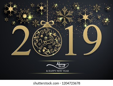 gold snowflake and decoration christmas ball 2019 on black background,merry christmas ,happy new year.