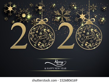 gold snowflake and decoration christmas ball 2020 on black background,merry christmas ,happy new year.