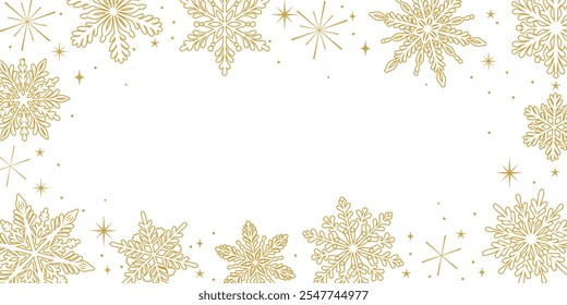 Gold snowflake frame line art vector winter holiday banner design, greeting template, elegant wallpaper