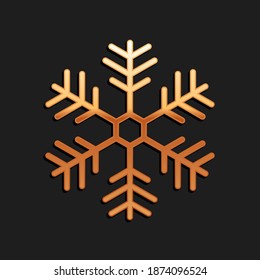 Icono de copo de nieve dorado aislado en fondo negro. Estilo de sombra larga. Vector.