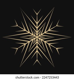 Icono de copo de nieve dorado aislado en fondo negro. Elegante ilustración de estrella vectorial. Simple señal de nieve geométrica. Símbolo de copo de nieve. Invierno, Navidad y Año Nuevo tema de vacaciones. Diseño de lujo dorado 
