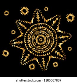 Gold snowflake isolated on the black background. Luxury winter lighting snowflake.