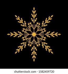 Gold snowflake isolated on black background. Flat snow icon silhouette. New year theme.Vector illustration