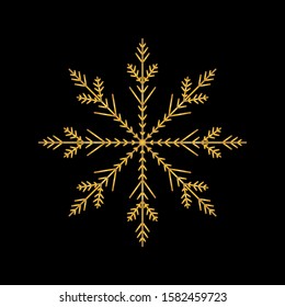 Gold snowflake isolated on black background. Flat snow icon silhouette. New year theme.Vector illustration