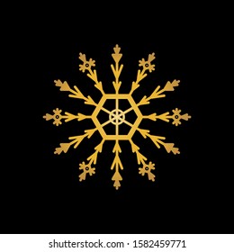 Gold snowflake isolated on black background. Flat snow icon silhouette. New year theme.Vector illustration