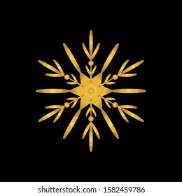 Gold snowflake isolated on black background. Flat snow icon silhouette. New year theme.Vector illustration