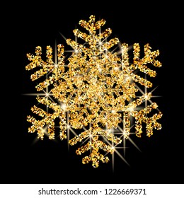  Gold snowflake isolated on dark background. Snowflake for design Christmas and New Year banner and cards. Golden glow sparkles. Vector Illustration.