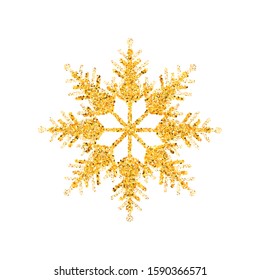 Gold snowflake isolated on white background. Snowflake for design Christmas and New Year banner and cards. Golden glow sparkles. Vector Illustration.