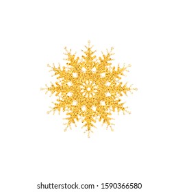 Gold snowflake isolated on white background. Snowflake for design Christmas and New Year banner and cards. Golden glow sparkles. Vector Illustration.