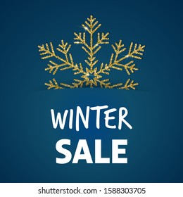 Gold snowflake with luxury glitter effect and bright sparkles on trendy blue background. Glamorous vector element for winter sale design.