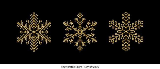 Gold snowflake with luxury glitter effect and bright sparkles isolated on black background. Glamorous vector element for New Year or Xmas design.
