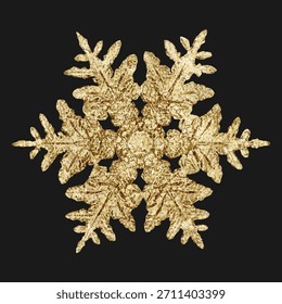 Gold snowflake on black background. Intricate gold snowflake design. Elegant gold snowflake art. Perfect for winter themes, holiday decor, and festive designs. Winter element vector.