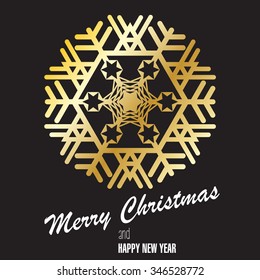 Gold snowflake on black background. Postcard, congratulating. Merry Christmas, Happy New Year. Vector image.