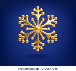 Gold snowflake on a blue background. 3d vector realistic icon of ice crystal. Christmas and New Year decoration, symbol of winter season, cold, frost. Design element for meteorology, weather report
