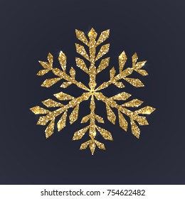 Gold snowflake on dark background. Christmas snow with glitter texture. Xmas vector illustration