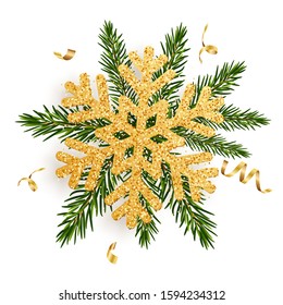 Gold snowflake on pine branches or fir-trees with serpentine. Concept for greeting New Year and Christmas cards, banners, invitations