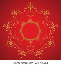 Gold snowflake on red background. Mandala circle ornament.