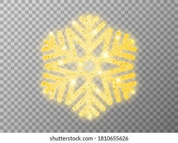 Gold snowflake on transparent background. Christmas element with golden glitter. Glowing luxury flake. Festive decoration. Greeting card template. Vector illustration.