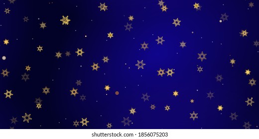 Gold snowflake seamless pattern. Fall golden, vivid, bright snow. Vector Illustration with frost, snowfall, star. Holiday Winter Dark blue background for New Year's, christmas celebration.