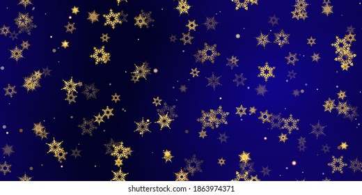 Patrón sin costuras de copo de nieve dorado. Cae nieve dorada, vívida, brillante. Ilustración vectorial con escarcha, nevada, estrella. Invierno de vacaciones Fondo azul oscuro para Año Nuevo, celebración navideña.