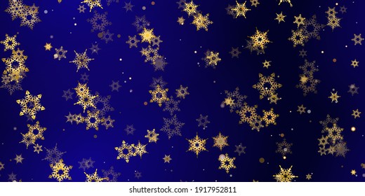 Gold snowflake seamless pattern. Fall golden, vivid, bright snow. Vector Illustration with frost, snowfall, star. Holiday Winter Dark blue background for New Year's, christmas celebration. 