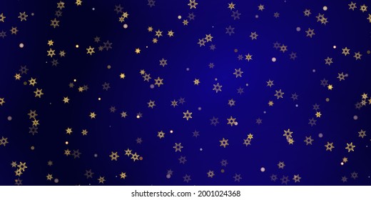 Gold snowflake seamless pattern. Fall golden, vivid, bright snow. Vector Illustration with frost, snowfall, star. Holiday Winter Dark blue background for New Year's, christmas celebration. 