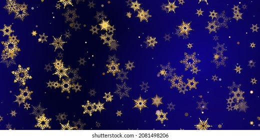 Gold snowflake seamless pattern. Fall golden, vivid, bright snow. Vector Illustration with frost, snowfall, star. Holiday Winter Dark blue background for New Year's, christmas celebration. 