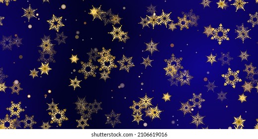 Gold snowflake seamless pattern. Fall golden, vivid, bright snow. Vector Illustration with frost, snowfall, star. Holiday Winter Dark blue background for New Year's, christmas celebration. 