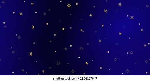 Gold snowflake seamless pattern. Fall golden, vivid, bright snow. Vector Illustration with frost, snowfall, star. Holiday Winter Dark blue background for New Year's, christmas celebration. 