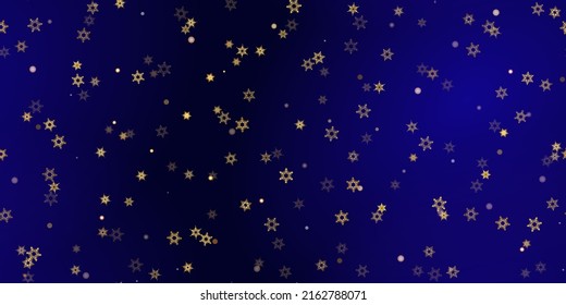 Gold snowflake seamless pattern. Fall golden, vivid, bright snow. Vector Illustration with frost, snowfall, star. Holiday Winter Dark blue background for New Year's, christmas celebration. 