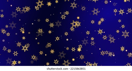 Gold snowflake seamless pattern. Fall golden, vivid, bright snow. Vector Illustration with frost, snowfall, star. Holiday Winter Dark blue background for New Year's, christmas celebration. 