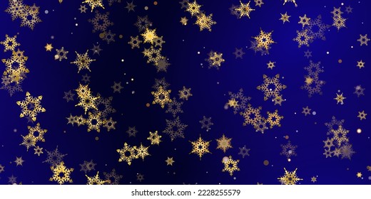 Gold snowflake seamless pattern. Fall golden, vivid, bright snow. Vector Illustration with frost, snowfall, star. Holiday Winter Dark blue background for New Year's, christmas celebration. 